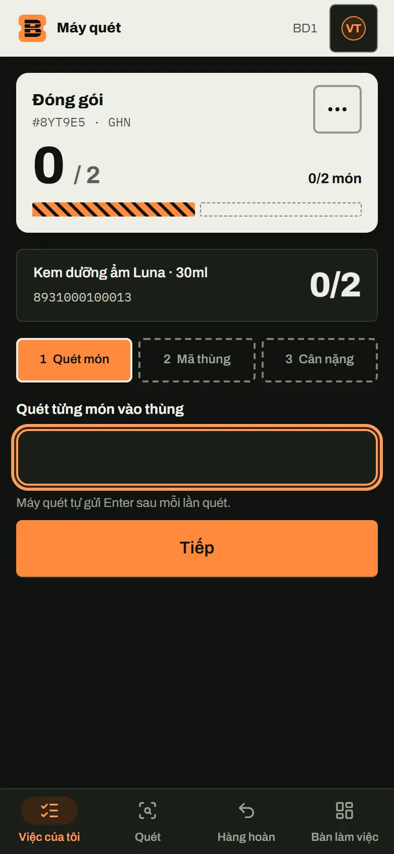Máy quét khi đóng gói: các món cần quét vào thùng, ba bước quét món, mã thùng, cân nặng