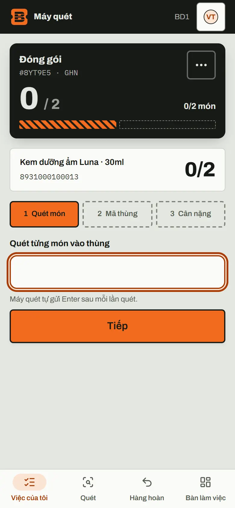 Máy quét khi đóng gói: các món cần quét vào thùng, ba bước quét món, mã thùng, cân nặng