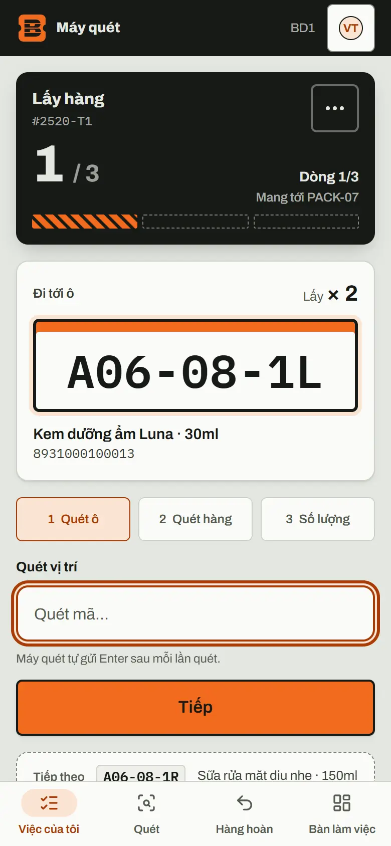 Máy quét khi lấy hàng: biển ô kệ P1-03-1R cỡ lớn, tiến độ 1 trên 3 dòng, ba bước quét ô, quét hàng, số lượng