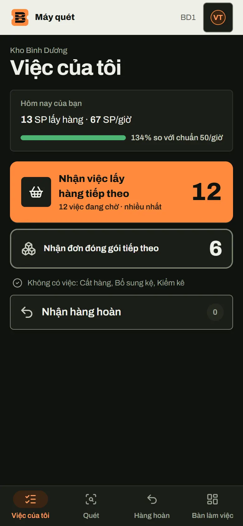 Máy quét, màn Việc của tôi: nút đóng gói lớn nhất vì có nhiều việc nhất, việc lấy hàng bên dưới