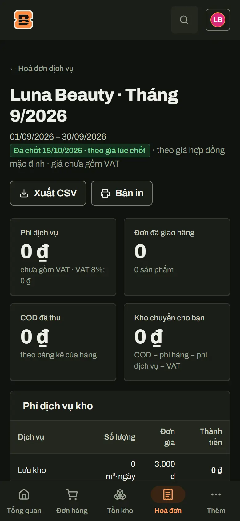 Hoá đơn dịch vụ một tháng của thương hiệu: từng loại phí, VAT, tiền COD và phần kho chuyển lại