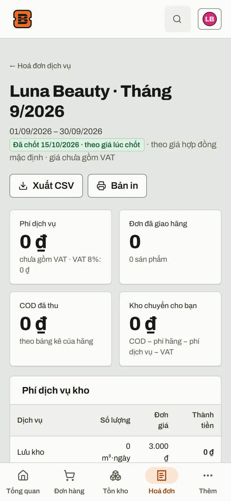 Hoá đơn dịch vụ một tháng của thương hiệu: từng loại phí, VAT, tiền COD và phần kho chuyển lại