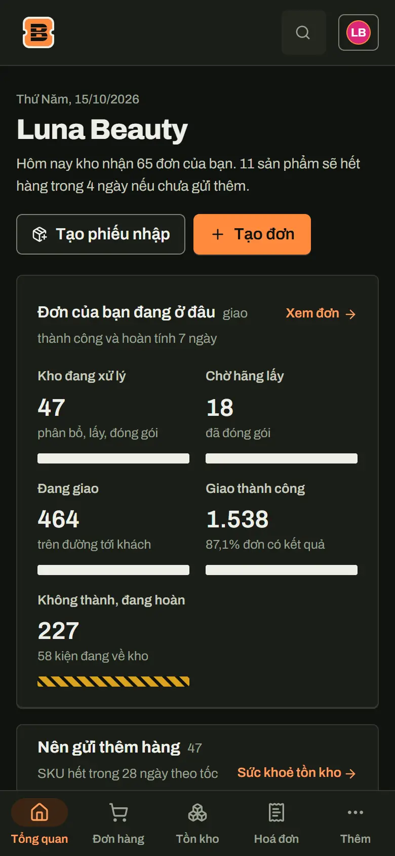 Cổng thương hiệu Luna Beauty: đơn của bạn đang ở đâu, từ kho đang xử lý tới giao thành công và hoàn