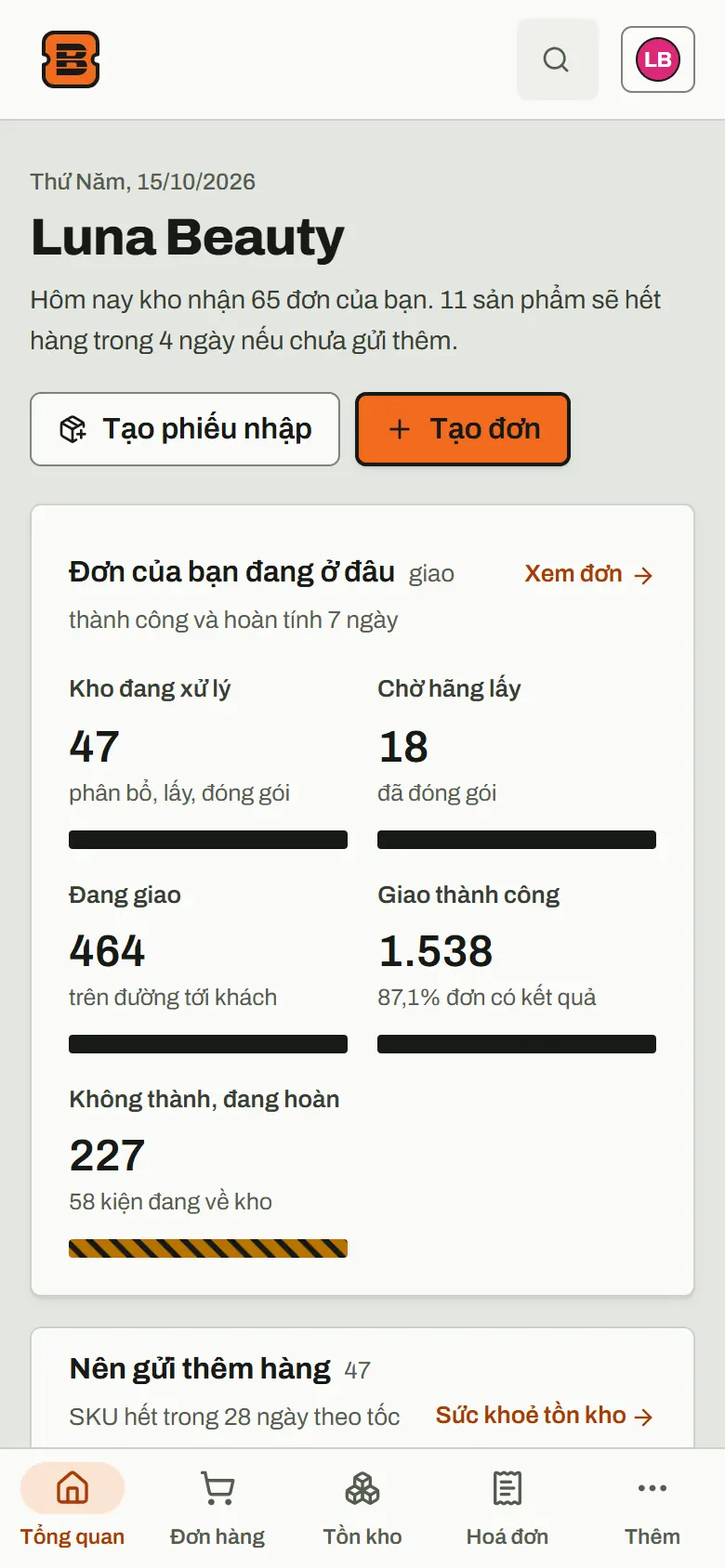 Cổng thương hiệu Luna Beauty: đơn của bạn đang ở đâu, từ kho đang xử lý tới giao thành công và hoàn