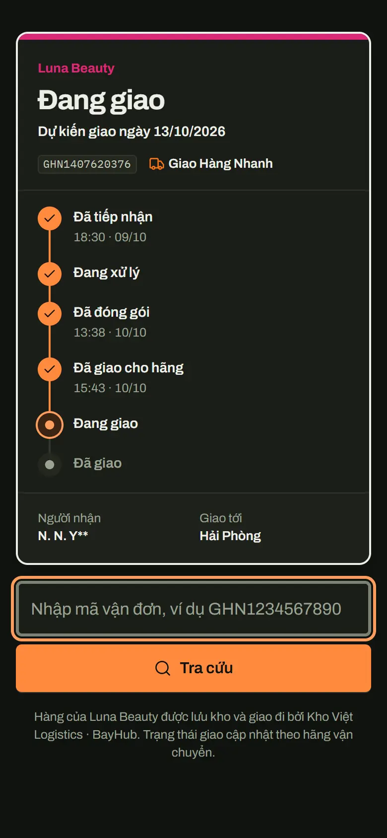 Trang tra cứu vận đơn công khai cho khách của thương hiệu, không cần đăng nhập