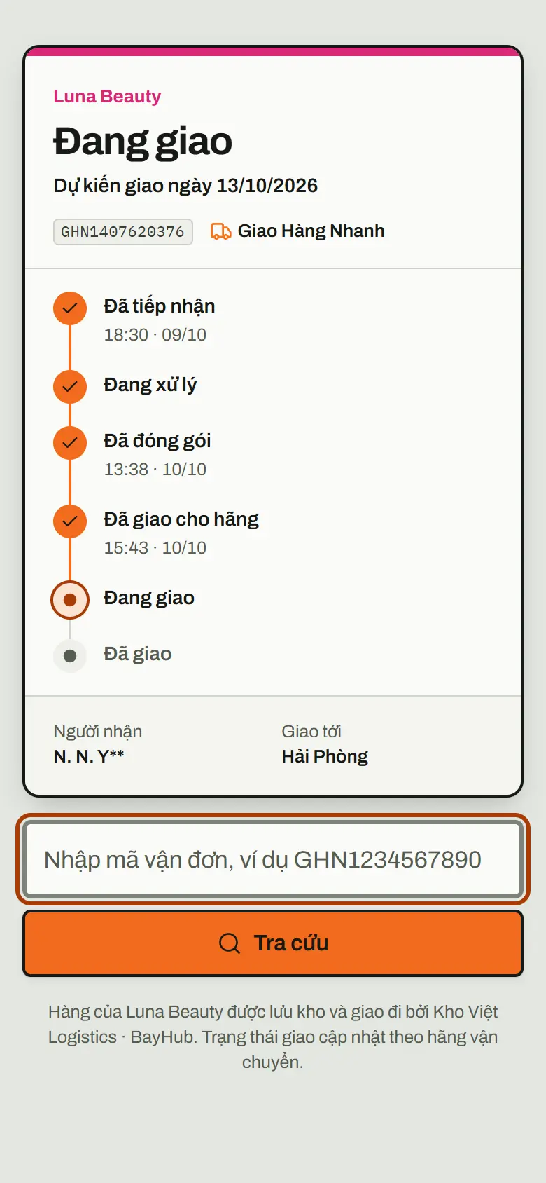 Trang tra cứu vận đơn công khai cho khách của thương hiệu, không cần đăng nhập